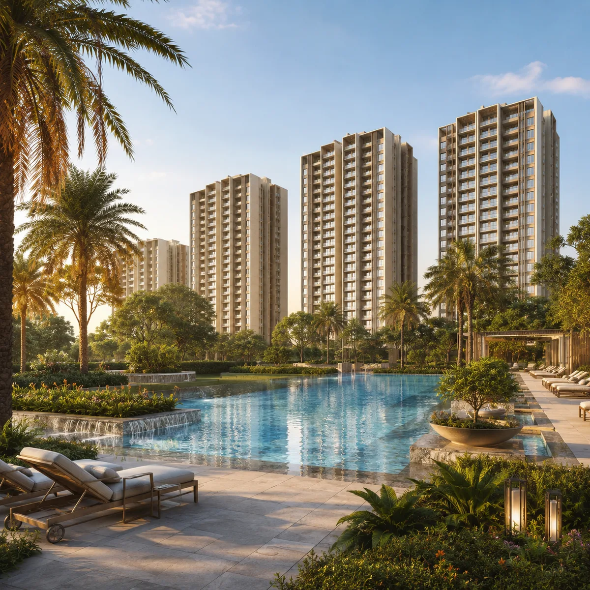 Godrej MSR City — Phase 3 swimming pool deck at the central landscape with the towers rising behind