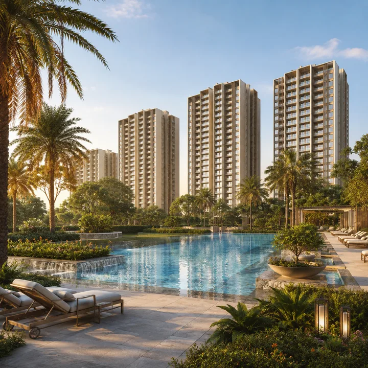 Godrej MSR City — Phase 3 swimming pool deck at the central landscape with the towers rising behind