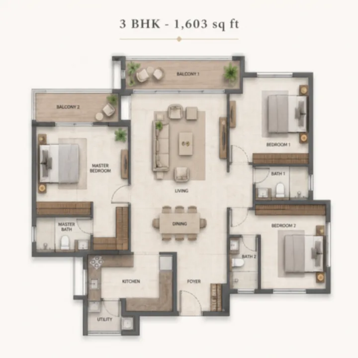 Godrej MSR City — Phase 3 3 BHK 1,603 sq ft floor plan layout