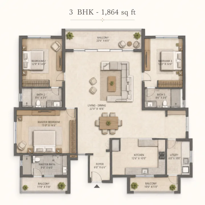 Godrej MSR City — Phase 3 3 BHK 1,864 sq ft floor plan layout